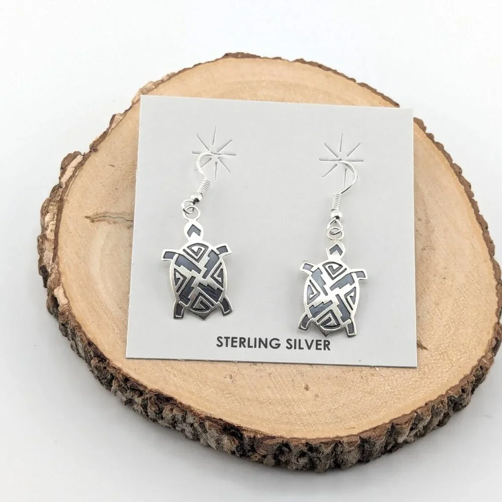 Handcrafted Navajo Turtle Overlay Dangle Earrings Native American Jewelry***‎